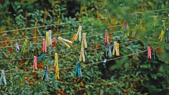 Empty Outdoor Laundry Clothes Line with Laundry Clips