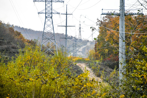 Autumn landscape with high-voltage power line in the forest