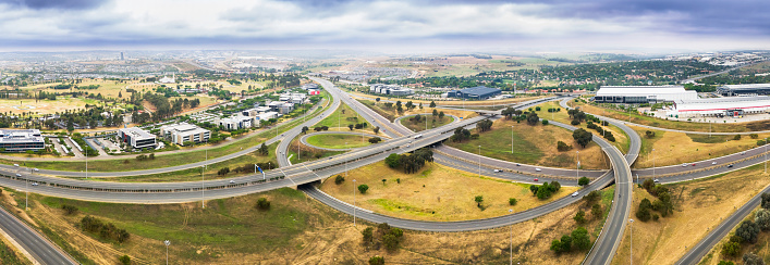 Buccleugh Interchage panoramic showing a large intersection joining M1, N3, to the N1 highways in northern Johannesburg