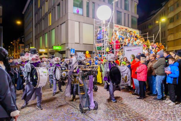 Musicians in costumes parade, Fasnacht Carnival, Lucerne (Luzern) stock photo