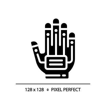 2D pixel perfect glyph style haptic glove icon, isolated vector, silhouette illustration representing VR, AR and MR.