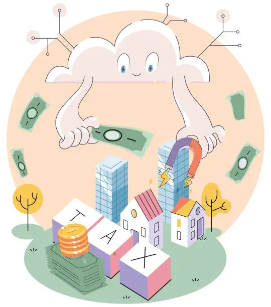 Vector illustration of Cloud with magnet attracts money lying at skyscraper. Income from sale or rental of real estate