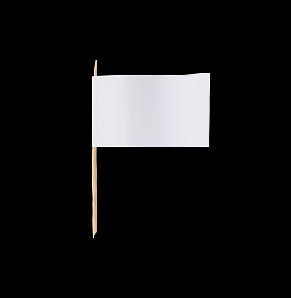 Close-up of blank white paper flag with a wooden stick on black background.