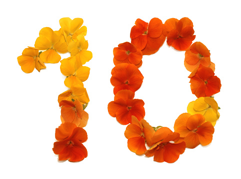 number ten made from freshly picked yellow, orange and red flowers. for birthday party, anniversaries, wedding celebrations and corporate events, isolated on a white background
