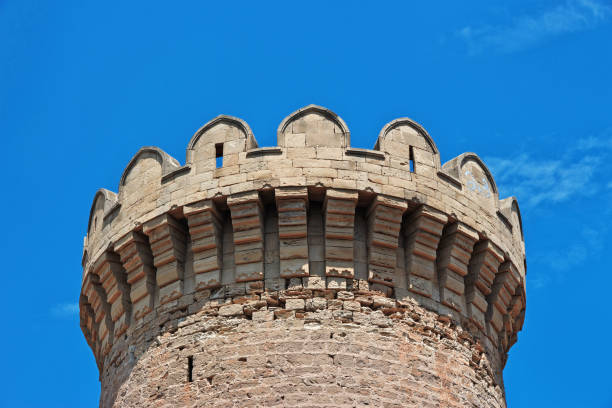 a gothic castle walls towers and battlements. union jack flying on far tower