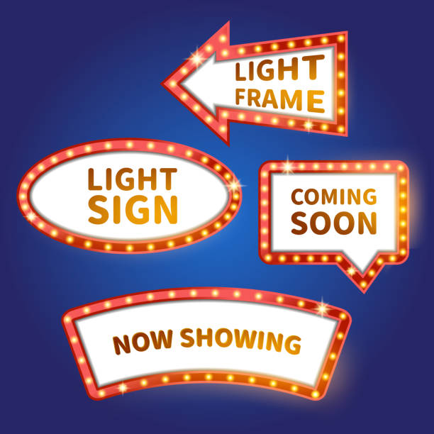 Vector light sign collection, title, banner, signboard, sale A set of light borders of different shapes with light bulbs surrounding them theater marquee red carpet movie theater movie stock illustrations