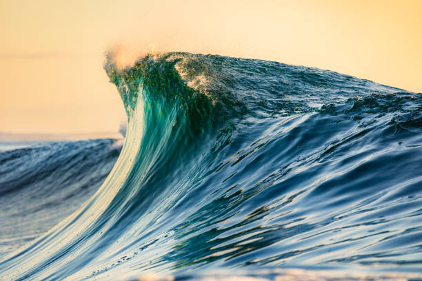 istock Smooth curved wave in the ocean with golden sky at sunrise 1740251921
