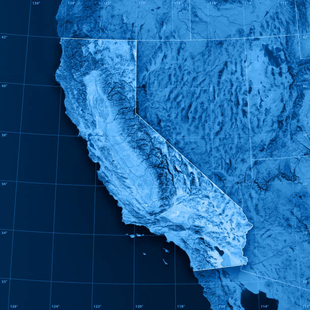 California Topographic Map 3D rendering and image composing: Topographic Map of California. Including state borders, rivers and accurate longitude/latitude lines. High resolution available! High quality relief structure! fault geology stock pictures, royalty-free photos & images