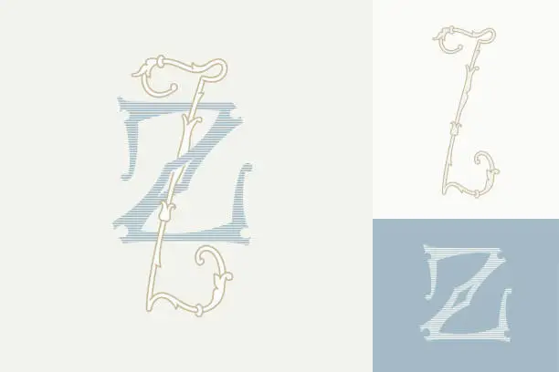 Vector illustration of Z letter marriage monograms for bride and groom names. Wide and Narrow capitals. Initials with thin swirled lines and lush foliage patterns.