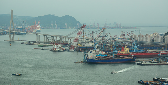Busan, South Korea - Sep 18, 2016. View of Busan Port from Lotte Department Store. Busan port is the Korea busiest and the 9th-busiest port in the world.