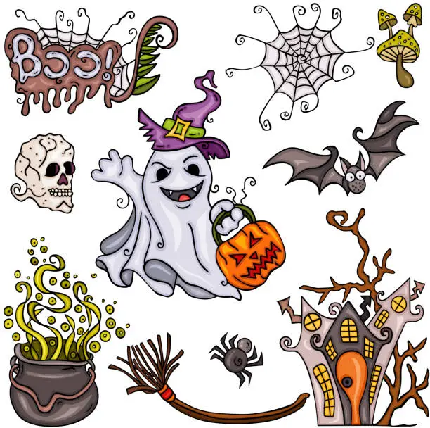 Vector illustration of Set of hand drawn cartoon doodle style of happy Halloween