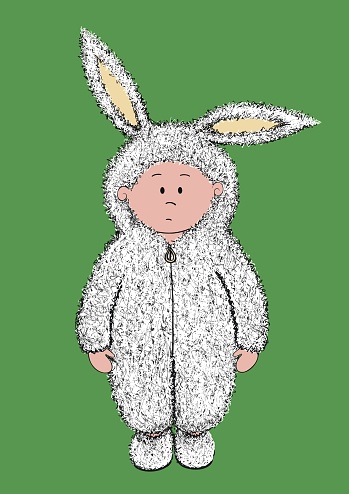 Illustration of a child in a cosy bunny rabbit costume. New onesie for Christmas. Christmas present. Christmas onesie. Christmas illustration. Perfect for the holiday season. Dressing up for Christmas. Rabbit onesie. Bunny onesie. Bunny costume. Rabbit costume. Also ideal as an Easter image.