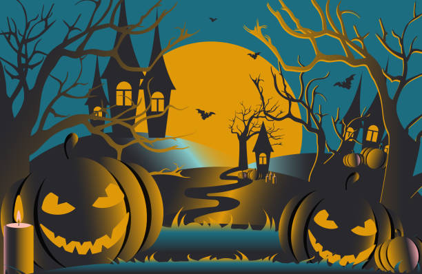 istock Halloween. Modern international spooky holiday All Saints' Day with scary pumpkins at night. Vector. 1740336502