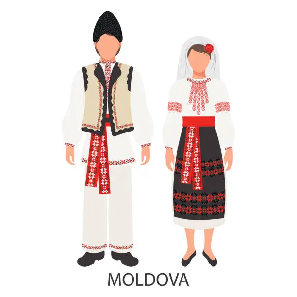 Vector illustration of A man and a woman in folk Moldavian national costumes. Culture and traditions of Moldova. Illustration
