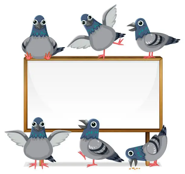 Vector illustration of Many Pigeons Standing on Wooden Signboard Frame