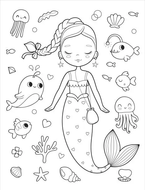 Vector illustration of Cute mermaid girl surrounded by her friends fish, dolphins, octopuses, starfish and other sea creatures. Vector outline coloring page