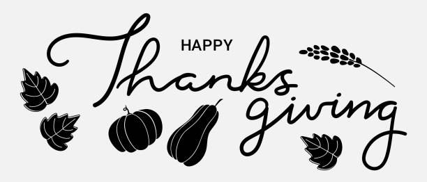 istock Happy Thanksgiving Day black banner with calligraphy text and hand drawn leaves and pumpkins. Vector illustration 1740361412
