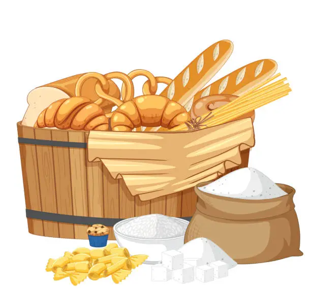 Vector illustration of Wooden Barrel Containing Flour: Bakery Pasta Carbs Food