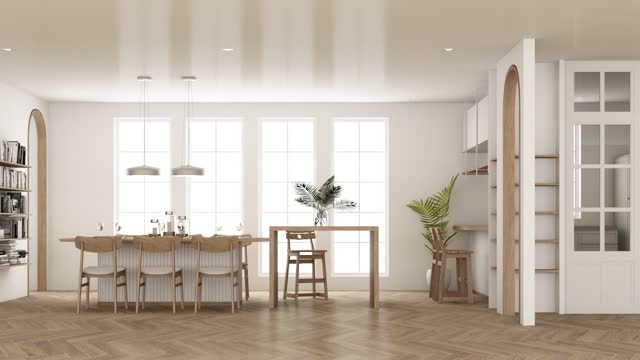 creation build up interior apartment modern tropical style with laminate wood floor and large window rolling camera pass living room, dining room, kitchen, and bedroom. 3d rendering animation looping