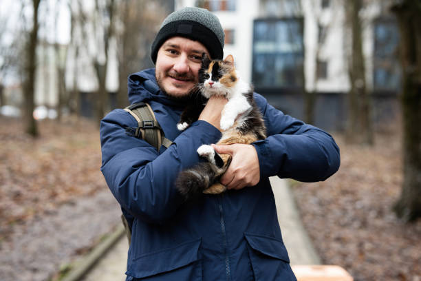 istock Man hold kitten in hands outdoor at park. 1740402865