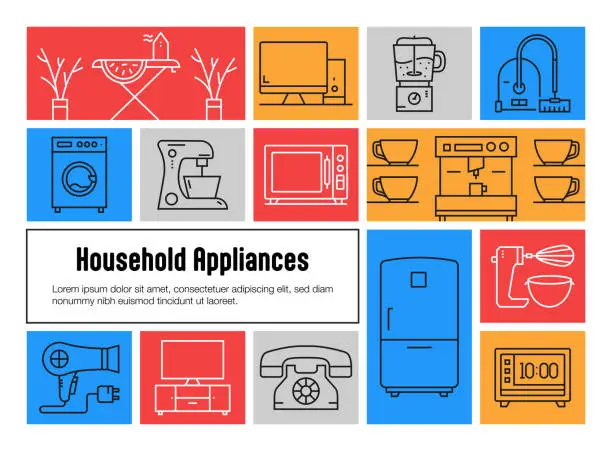Vector illustration of Household Appliances Related Vector Banner Design Concept. Global Multi-Sphere Ready-to-Use Template. Web Banner, Website Header, Magazine, Mobile Application etc. Modern Design.