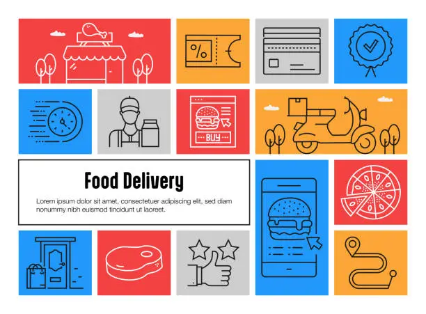 Vector illustration of Food Delivery Related Vector Banner Design Concept. Global Multi-Sphere Ready-to-Use Template. Web Banner, Website Header, Magazine, Mobile Application etc. Modern Design.