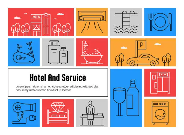Vector illustration of Hotel And Service Related Vector Banner Design Concept. Global Multi-Sphere Ready-to-Use Template. Web Banner, Website Header, Magazine, Mobile Application etc. Modern Design.