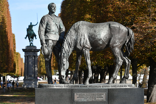 Paris, France-10 10 2023: Statue of a soldier and his horse created in 2011 by architect V. Sourovtsev and located on Place du Canada in Paris to commemorate the sacrifice of Russian soldiers on the western front between 1916 and 1918, France.