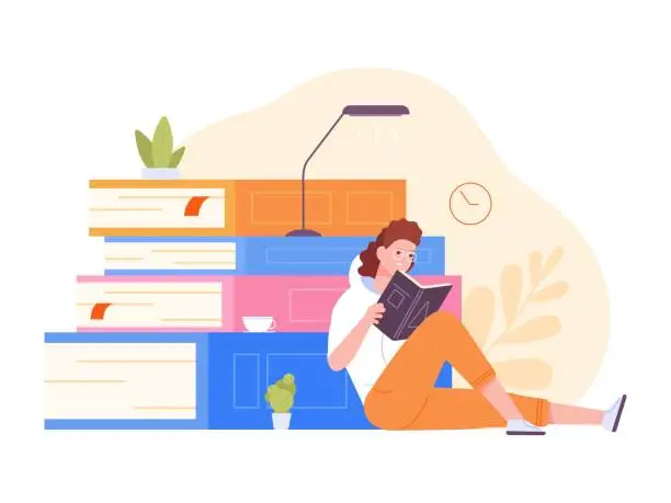 Vector illustration of Student at book heap. Intern nurse girl or teacher learning many books, person read textbook stack in library, school education homework or exam study concept vector illustration