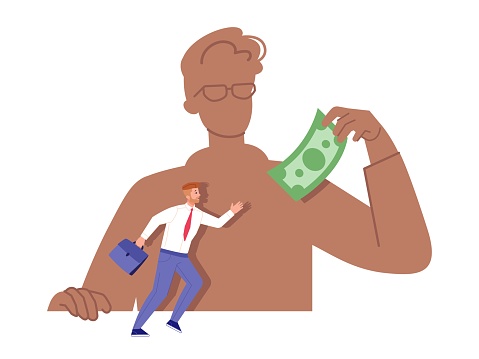 Money manipulation. Cash aspiration or greed concept, employee run catching dollar, deceiver salesman or job boss controlling worker financial slave, vector illustration of cash money and finance