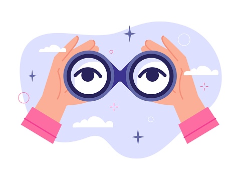Focused binocular in hands. Explorer eye in binoculars focus lens look to future, distance observing discovery search business vision concept, view tool cartoon vector illustration