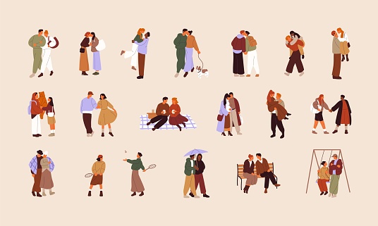 Cute couples set. Different romantic pairs on date. Lovers love, cuddle, kiss each other, walking, spend time together. Relationship, courtship. Flat isolated vector illustration on white background.