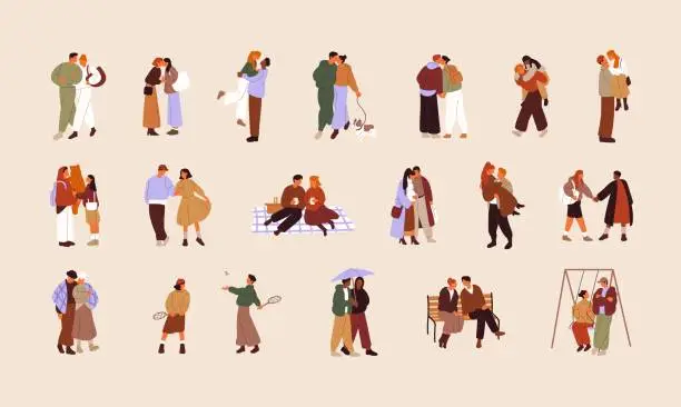 Vector illustration of Cute couples set. Different romantic pairs on date. Lovers love, cuddle, kiss each other, walking, spend time together. Relationship, courtship. Flat isolated vector illustration on white background