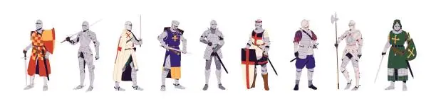 Vector illustration of Various medieval knights set. Crusader with sword, shield. Historical soldiers with weapon standing. Ancient warriors in metal armor, helmet. Flat isolated vector illustration on white background