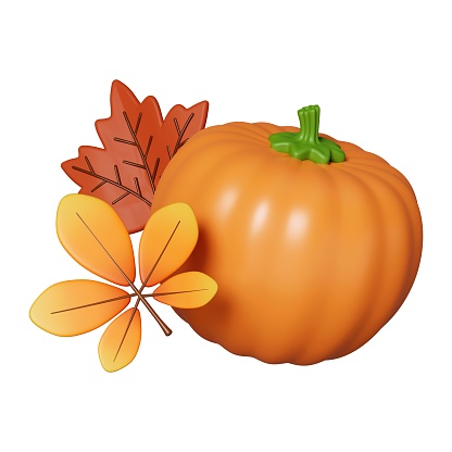 3d Autumn pumpkin leaf. Golden fall. Season decoration. icon isolated on gray background. 3d rendering illustration. Clipping path..