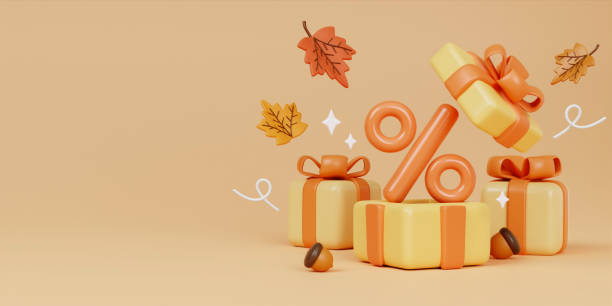 istock 3d percent sign, walnut, gift boxes, leaves. 3d render for banner or poster design for autumn sale. copy space. delicate pastel colors. 3d rendering 1740438114
