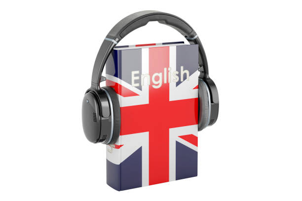 istock English language textbook with headphones. Learn English language, classes. 3D rendering 1740441880