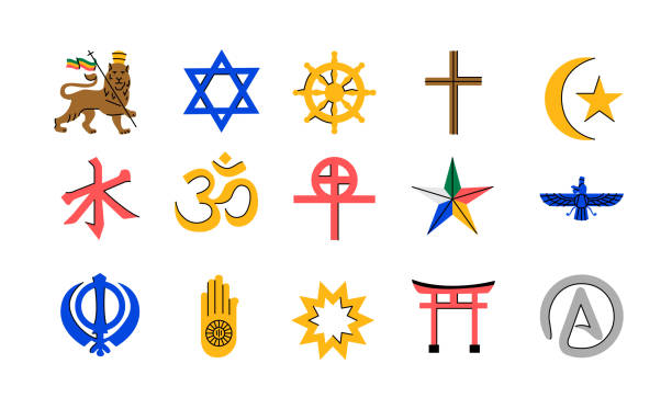 ilustraciones, imágenes clip art, dibujos animados e iconos de stock de concepto de color de las religiones. elementos aislados. - agnosticismo