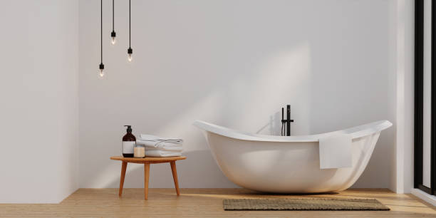istock Minimal style white bathroom 3d render, white wall and wood floor, The room has large windows. 3d render 1740447522