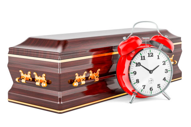 Wooden coffin with alarm clock, 3D rendering Wooden coffin with alarm clock, 3D rendering isolated on white background the undertaker stock pictures, royalty-free photos & images