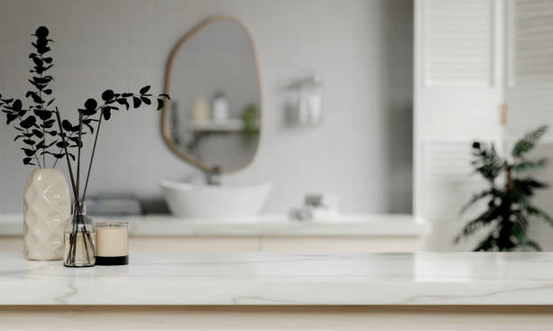 istock counter with ceramic washbasin and modern style white bathroom 3d render, white wall and mirrors, The room has large windows. 3d render 1740449183