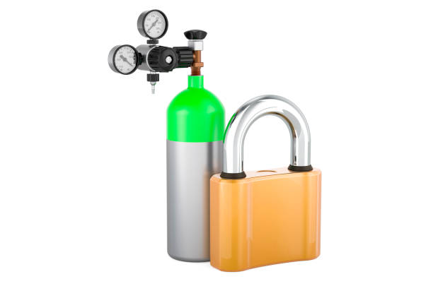 istock Oxygen tank, gas cylinder with padlock, 3D rendering 1740450382