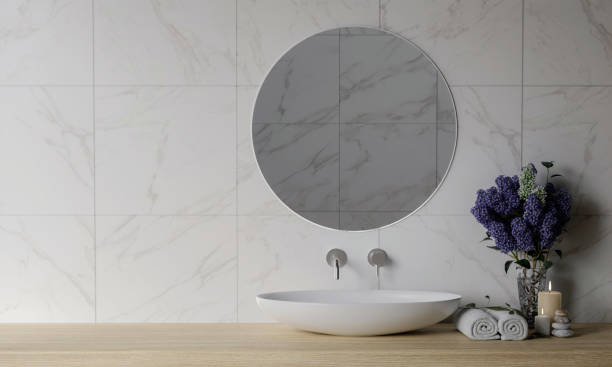 istock 3D render an empty counter with top wood with washbasin and modern style white bathroom 3d render, white wall and mirrors, The room has large windows. 3d render 1740450990