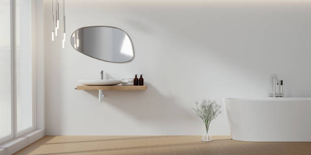 istock Minimal style white bathroom 3d render, white wall and wood floor, The room has large windows. 3d render 1740452108