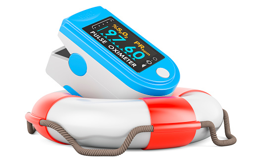 Portable Pulse Oximetry, pulse oximeter fingertip inside lifebelt, 3D rendering isolated on white background
