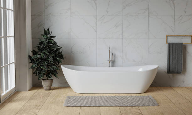 istock Minimal style white bathroom 3d render, white ceramic wall and wood floor, The room has large windows. 3d render 1740453248