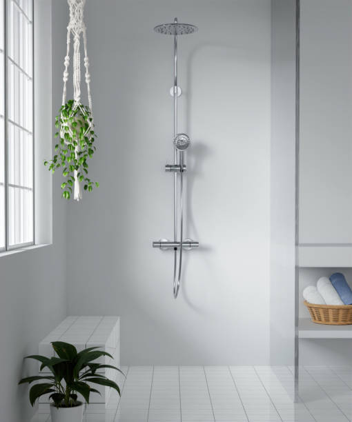 istock Minimal style white bathroom 3d render, white wall and ceramic floor, The room has large windows. 3d render 1740457231