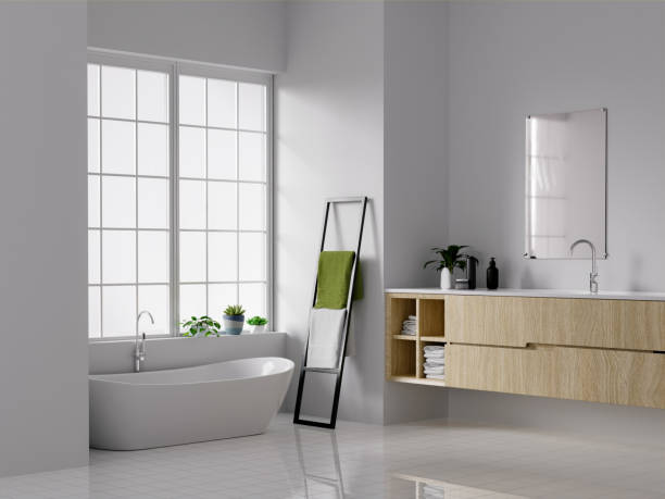 istock Minimal style white bathroom 3d render, white wall and ceramic floor, The room has large windows. 3d render 1740457780