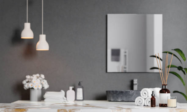 istock a counter with decoration on top ceramic with washbasin and modern style white bathroom 3d render, white wall and mirrors, The room has large windows. 3d render 1740457799