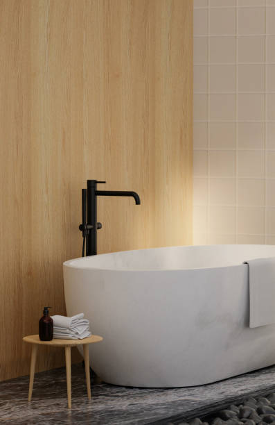 istock Minimal style white bathroom 3d render, wood wall and ceramic floor, The room has large windows. 3d render 1740458902